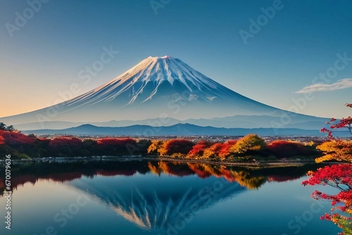 秋の紅葉観光地から望む逆さ富士 © evolkeng