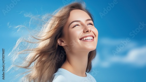A young woman with long hair blowing in the wind, a confident smile, a cheerful young woman, a woman with various emotions