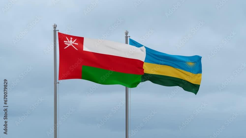 Republic of Rwanda and Oman flag waving together on cloudy sky, endless seamless loop, two country cooperation concept Republic of Rwanda and Oman flag waving together on cloudy sky, endless seamless loop, two country cooperation concept