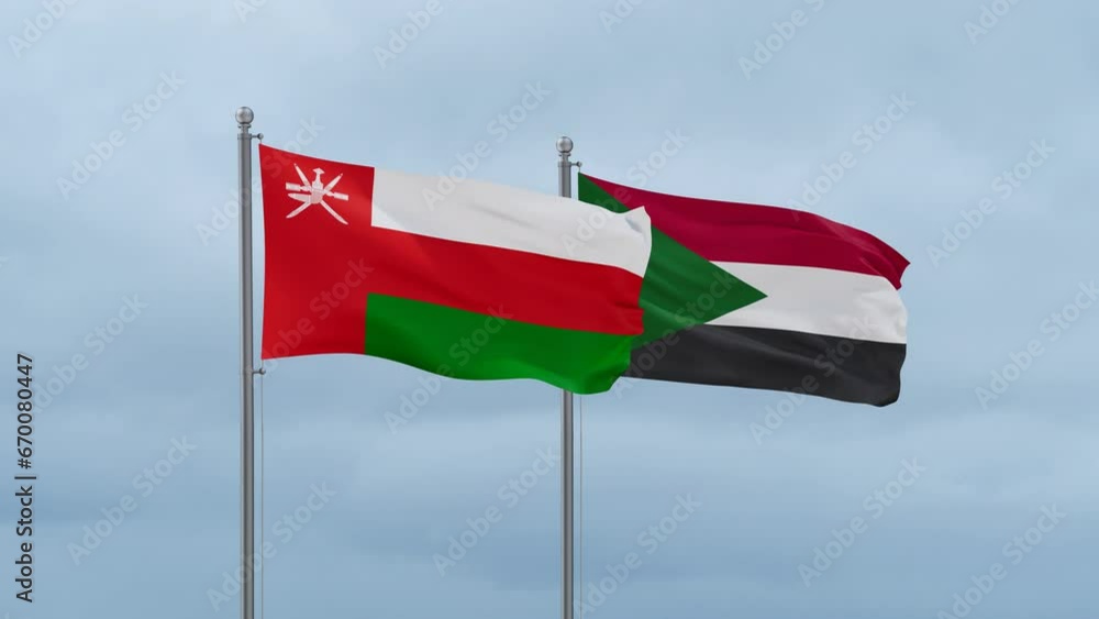 Sudan and Oman flag waving together on cloudy sky, endless seamless loop, two country cooperation concept Sudan and Oman flag waving together on cloudy sky, endless seamless loop, two country cooperation concept
