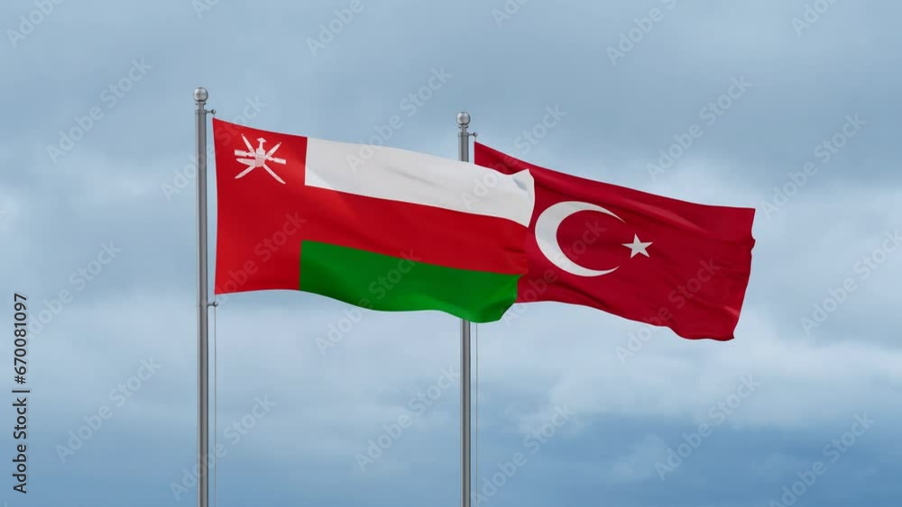 Republic of Turkey and Oman flag waving together on cloudy sky, endless seamless loop, two country cooperation concept Republic of Turkey and Oman flag waving together on cloudy sky, endless seamless loop, two country cooperation concept