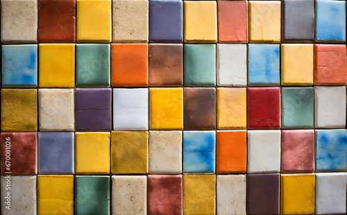 Colorful vintage ceramic tiles wall decoration. mosaic tiles, ceramic tiles wall background © Saichol