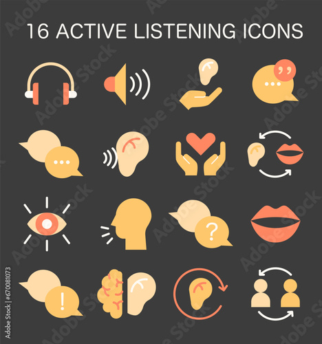 Active listening skill icons set. Symbol of attentiveness soft skill. Conversation, negotiation, emotional intelligence and team work. Flat vector illustration