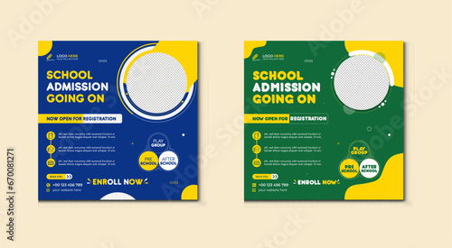 School admission social media post banner design. back to school social media post banner design set. Back to school admission promotion banner. school admission template for social media ad.
