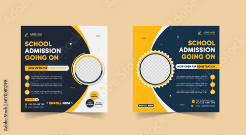 School admission social media post banner design. back to school social media post banner design set. Back to school admission promotion banner. school admission template for social media ad.
