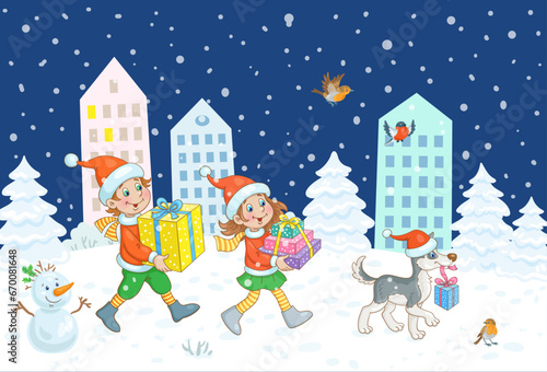Happy New Year! Funny boy, little girl and cute puppy in Santa costumes are walking through the winter night city and carrying gifts. In cartoon style. Merry Christmas! Vector illustration.