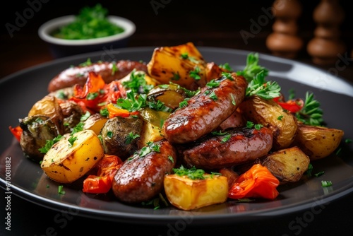Grilled sausages with potatoes and vegetables. Generative AI