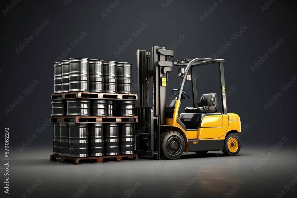 industrial Forklift with Oil Drums for Warehouse and logistics concepts, isolated on dark gray background as wide banner with copyspace area for text industrial Forklift with Oil Drums for Warehouse and logistics concepts, isolated on dark gray background as wide banner with copyspace area for text