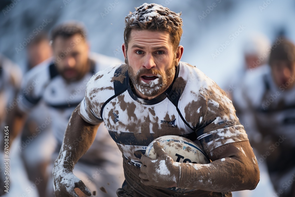 Rugby in snow: Player charging with ball