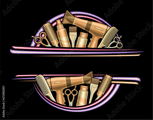 Vector border for Hair Salon with blank copy space for ad text, decorative sign board with illustration of hair stylist equipment, golden colored beauty tools for woman hair salon on dark background