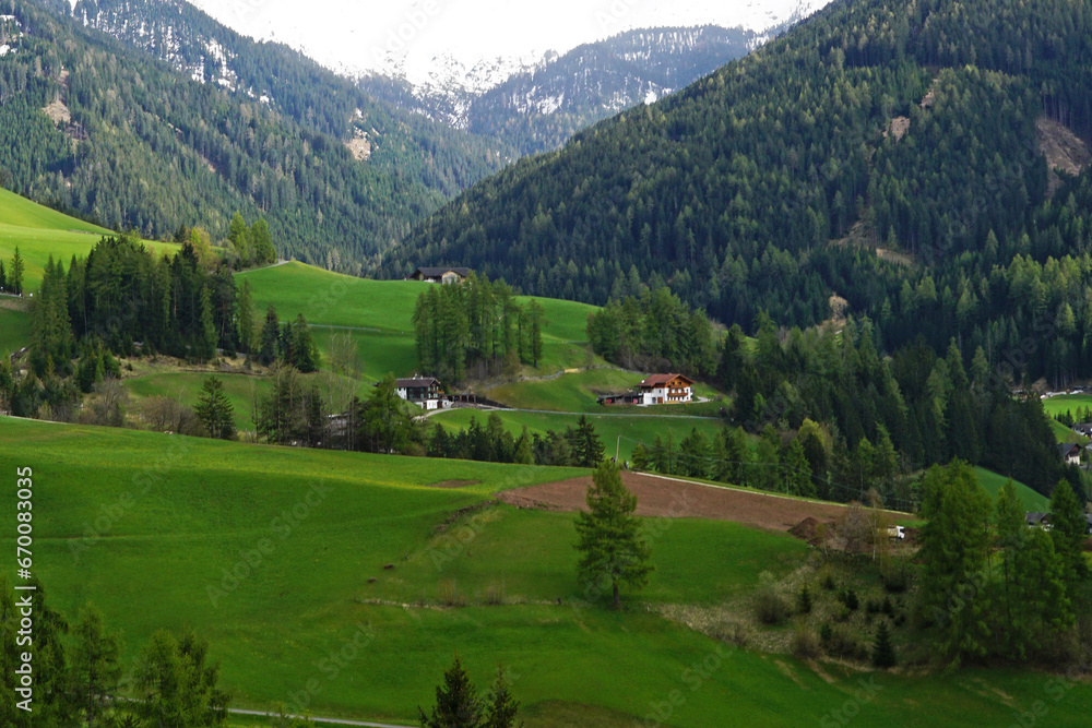 Landscape of Santa Maddalena and exterior village buildings at Val di Funes, land of the pale mountains and beautiful valley in the Dolomites also one of UNESCO World Heritage site- South Tyrol, Italy Landscape of Santa Maddalena and exterior village buildings at Val di Funes, land of the pale mountains and beautiful valley in the Dolomites also one of UNESCO World Heritage site- South Tyrol, Italy