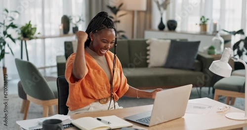Black woman, achievement in home office and celebration at laptop for remote work, social media or excited blog. Happy girl at desk with computer for winning email, good news and success in freelance photo