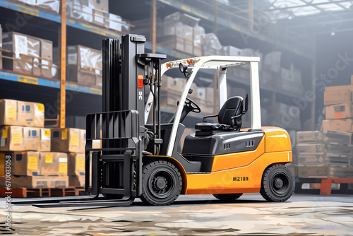 industrial Forklift with in inventory storage area for Warehouse and logistics concepts as wide banner with copyspace area for text