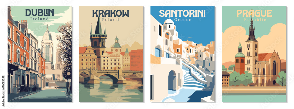 Fototapeta premium Collection Vintage Travel Posters. Vector art. Famous Tourist Destinations Posters Art Prints Wall Art and Print Set Abstract Travel for Hikers Campers Living Room Decor