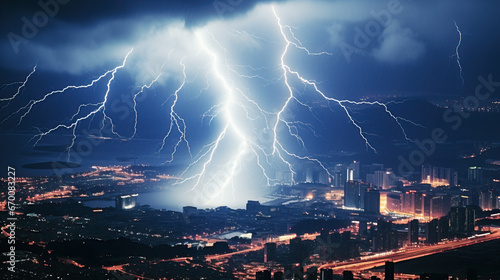 Fierce lightning in the storm over town created with Generative AI technology 