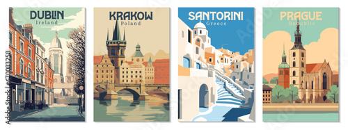 Collection Vintage Travel Posters. Vector art. Famous Tourist Destinations Posters Art Prints Wall Art and Print Set Abstract Travel for Hikers Campers Living Room Decor