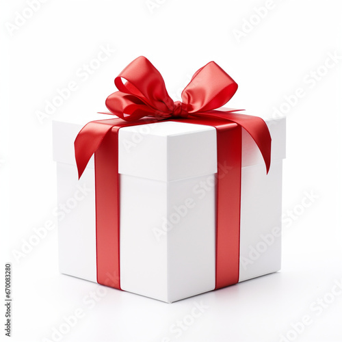 white gift box with red ribbon isolated on white 