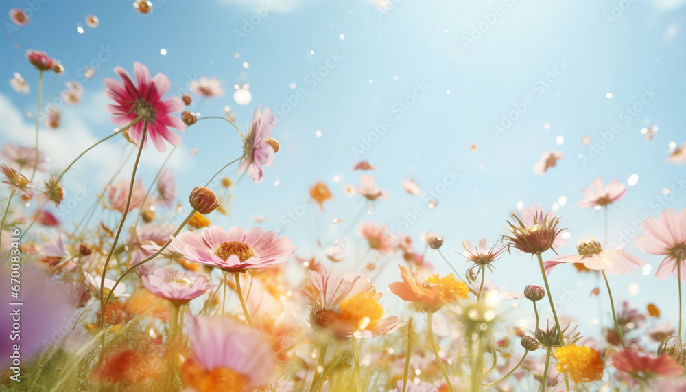 Obraz premium Blumen Pollen fliegen mit viel Licht auf einer bunten Blumenwiese herum als Hintergrund