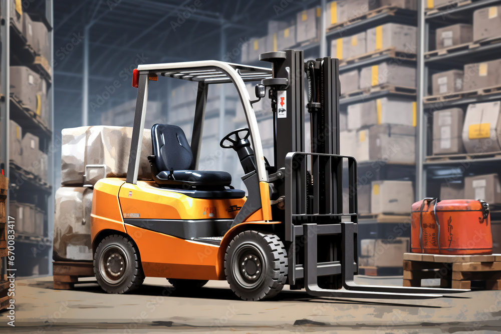 industrial Forklift with in inventory storage area for Warehouse and logistics concepts as wide banner with copyspace area for text industrial Forklift with in inventory storage area for Warehouse and logistics concepts as wide banner with copyspace area for text