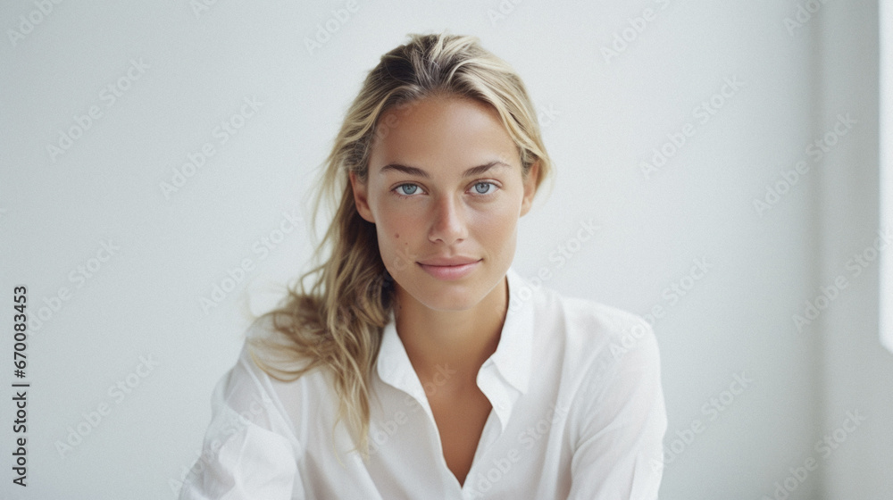 Portrait of a young beautiful woman with long wavy red hair in a white shirt. Portrait of a young beautiful woman with long wavy red hair in a white shirt.