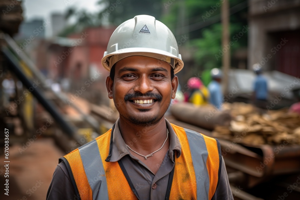 Construction worker smile face at site Construction worker smile face at site