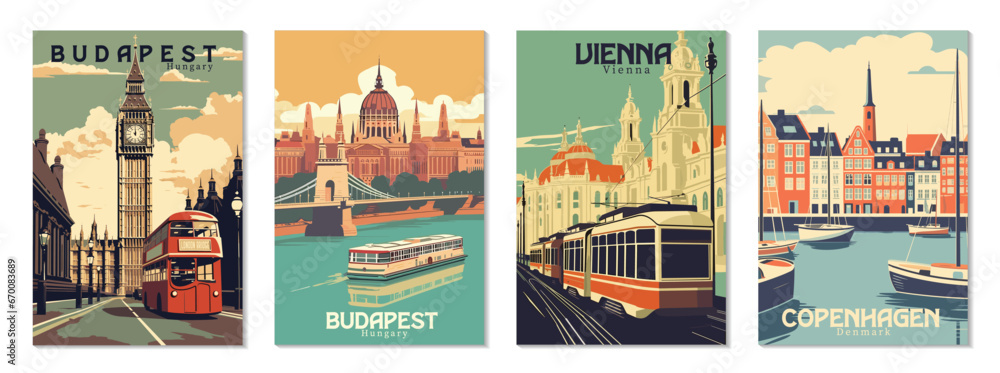 Collection Vintage Travel Posters. Vector art. Famous Tourist Destinations Posters Art Prints Wall Art and Print Set Abstract Travel for Hikers Campers Living Room Decor - obrazy, fototapety, plakaty 