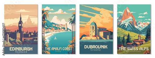 Collection Vintage Travel Posters. Vector art. Famous Tourist Destinations Posters Art Prints Wall Art and Print Set Abstract Travel for Hikers Campers Living Room Decor