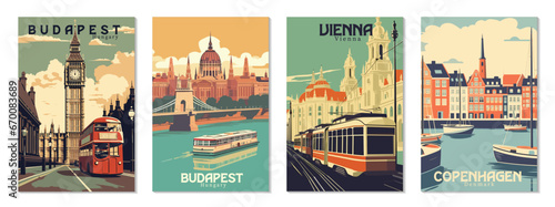 Collection Vintage Travel Posters. Vector art. Famous Tourist Destinations Posters Art Prints Wall Art and Print Set Abstract Travel for Hikers Campers Living Room Decor
