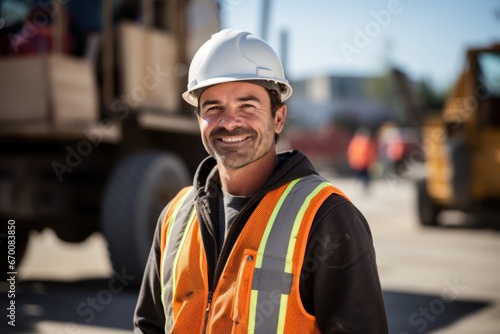 Construction worker smile face at site