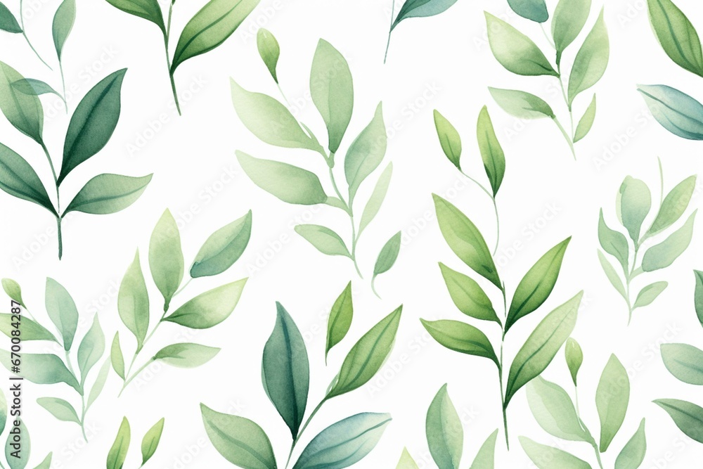 Watercolor pattern with green leaves. Generative AI