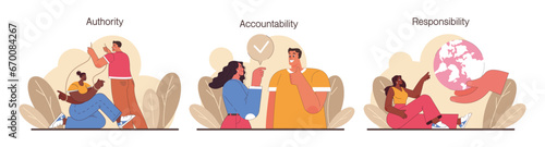 Delegation set. Task assignment and control. Leader or manager transferring a task to a responsible employee. Effective business management. Flat vector illustration