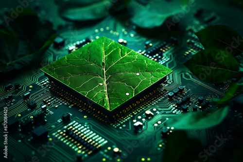 Green leaf integrated with computer circuit board symbolizes carbon neutral, ESG concepts and sustainable growth of environmental, business, and technology resources. Generative AI