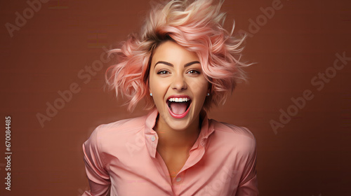 Portrait of satisfied overjoyed woman wear stylish clothes shouting yeah win. Isolated on pink color background ©  Mohammad Xte