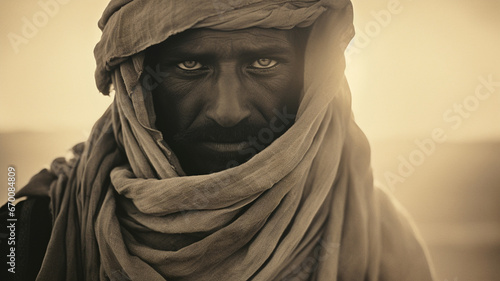 B&W sepia portrait of a Bedouin tribal elder in the desert. Exhausted, weary expression and meaningful gaze. photo