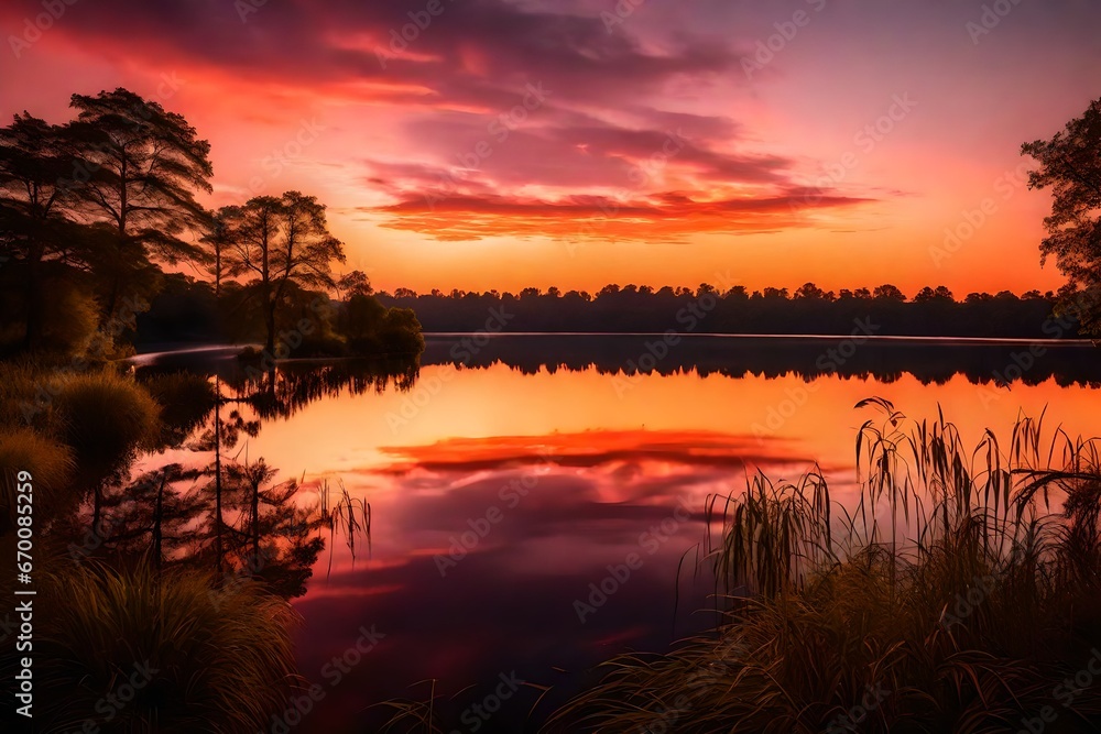 A mesmerizing sunset over a tranquil lake, with the sky painted in w