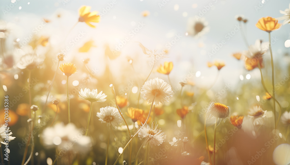 Blumen Pollen fliegen mit viel Licht auf einer bunten Blumenwiese herum als  Hintergrund