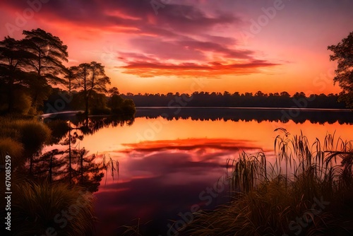 A mesmerizing sunset over a tranquil lake, with the sky painted in w