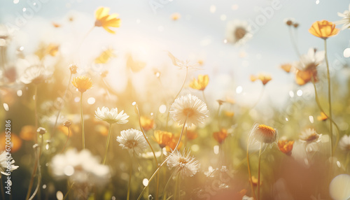 Blumen Pollen fliegen mit viel Licht auf einer bunten Blumenwiese herum als Hintergrund