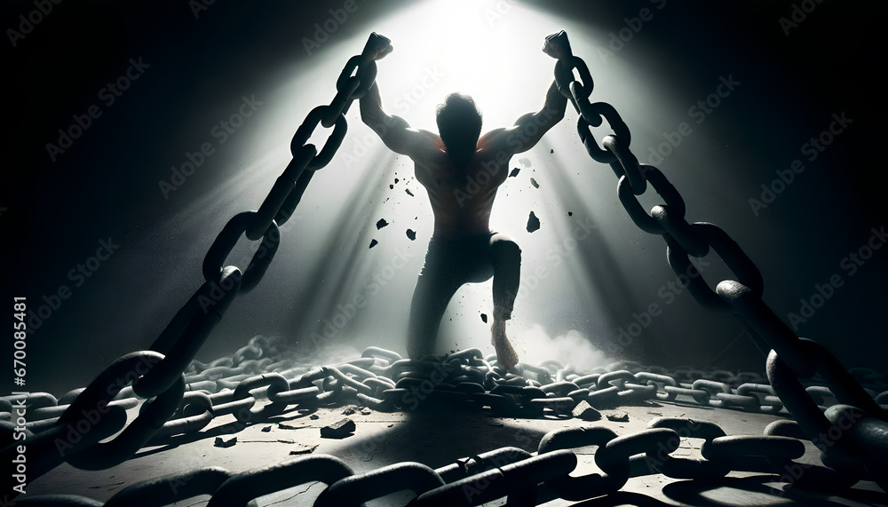 Hombre musculado y valiente rompe cadenas con fuerza y determinación, simbolizando libertad, superación y empoderamiento. - obrazy, fototapety, plakaty 