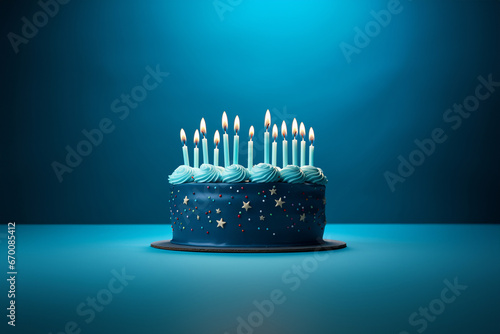 A tasty birthday cake with many colorful lit candles and decorated with rainbow sprinkle is isolated on the blue white background. Generative AI.