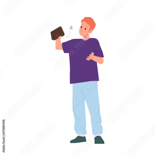Young teenager boy cartoon character shaking empty wallet having no pocket money isolated on white