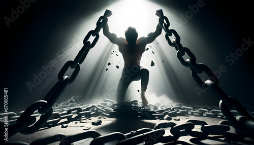 Hombre musculado y valiente rompe cadenas con fuerza y determinación, simbolizando libertad, superación y empoderamiento.
