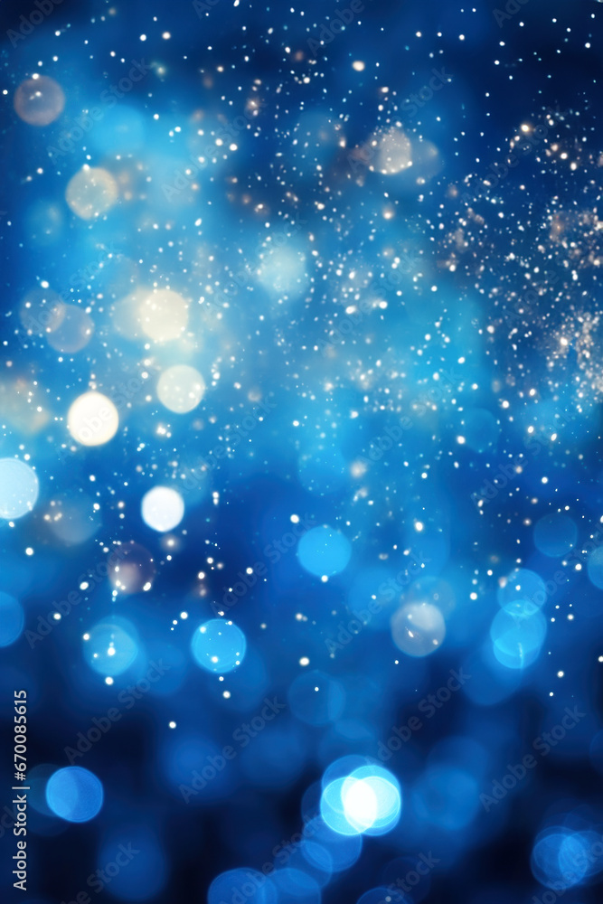 Blue background with sparkles and illuminated bokeh lights.