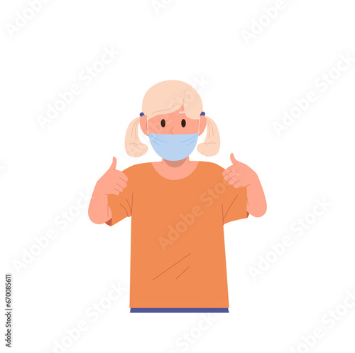 Little girl child cartoon character wearing medical facial mask respirator gesturing thumbs-up
