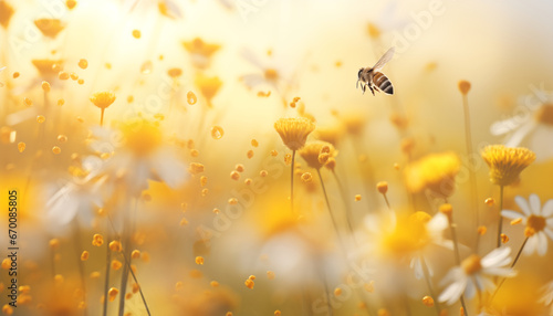 Blumen Pollen fliegen mit viel Licht auf einer bunten Blumenwiese herum als  Hintergrund
