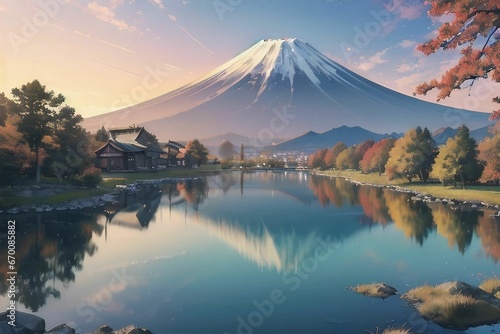 秋の紅葉観光地から望む朝方の逆さ富士のイラスト