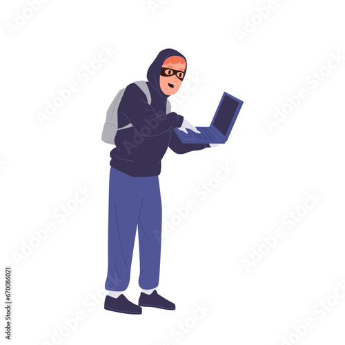 Thief hacker cartoon character wearing facemask and hoodie with computer laptop stealing user data