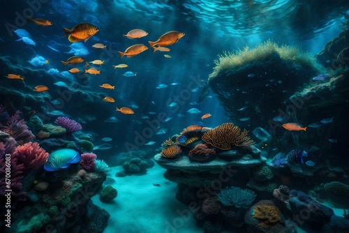 An otherworldly underwater scene, where coral reefs teem with exotic m