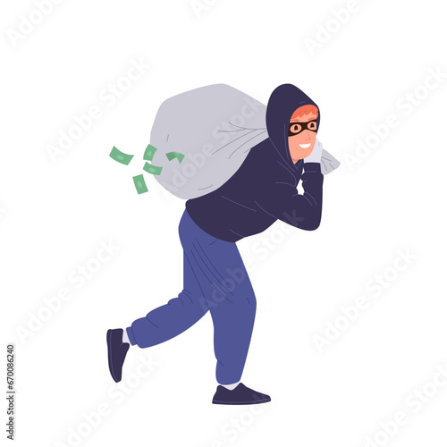 Thief cartoon character wearing facemask and hoodie carrying money cash bag sack isolated on white