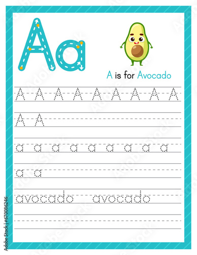 Trace letter A uppercase and lowercase. Alphabet tracing practice preschool worksheet for kids learning English with cartoon avocado. Activity page for Pre K, kindergarten. Vector illustration